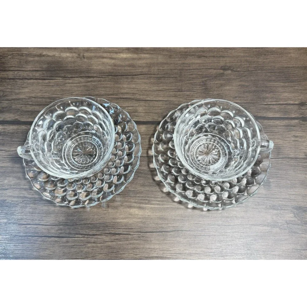 Anchor Hocking Clear Bubble Pattern Glass Cup & Saucer 2 Sets